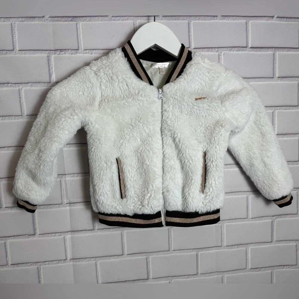 Tahari Baby Girl Sherpa Bomber Jacket Size 3T, White & Gold Trim